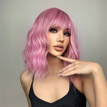 Load image into Gallery viewer, Women's Medium Length Wig Water Ripple Curly Wig Wigs with Bangs Female Pink Wig Heat Resistant Synthetic Hair Lolita Hair