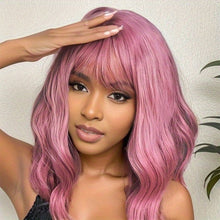 Load image into Gallery viewer, Women's Medium Length Wig Water Ripple Curly Wig Wigs with Bangs Female Pink Wig Heat Resistant Synthetic Hair Lolita Hair