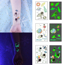 Load image into Gallery viewer, Waterproof Night Glow Tattoo Sticker Luminous Cartoon Space Tattoo Sticker Temporary Body Art Tattoo for Children