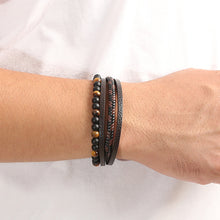 Load image into Gallery viewer, Men Leather Natural obsidian Bracelet Fashion Hand-woven Multi-layer Combination Volcanic Stone Beaded Multi Layer Leather Cross Bracelet For Men Jewelry Gift