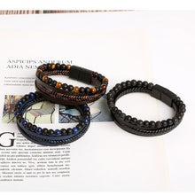 Load image into Gallery viewer, Men Leather Natural obsidian Bracelet Fashion Hand-woven Multi-layer Combination Volcanic Stone Beaded Multi Layer Leather Cross Bracelet For Men Jewelry Gift