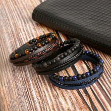 Load image into Gallery viewer, Men Leather Natural obsidian Bracelet Fashion Hand-woven Multi-layer Combination Volcanic Stone Beaded Multi Layer Leather Cross Bracelet For Men Jewelry Gift