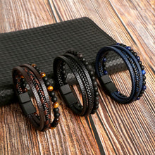 Load image into Gallery viewer, Men Leather Natural obsidian Bracelet Fashion Hand-woven Multi-layer Combination Volcanic Stone Beaded Multi Layer Leather Cross Bracelet For Men Jewelry Gift