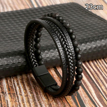 Load image into Gallery viewer, Men Leather Natural obsidian Bracelet Fashion Hand-woven Multi-layer Combination Volcanic Stone Beaded Multi Layer Leather Cross Bracelet For Men Jewelry Gift