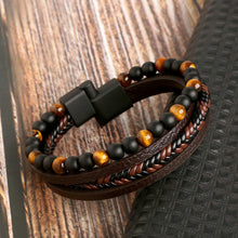 Load image into Gallery viewer, Men Leather Natural obsidian Bracelet Fashion Hand-woven Multi-layer Combination Volcanic Stone Beaded Multi Layer Leather Cross Bracelet For Men Jewelry Gift