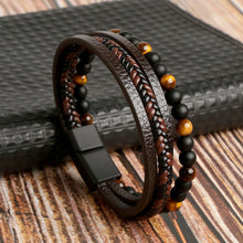 Load image into Gallery viewer, Men Leather Natural obsidian Bracelet Fashion Hand-woven Multi-layer Combination Volcanic Stone Beaded Multi Layer Leather Cross Bracelet For Men Jewelry Gift