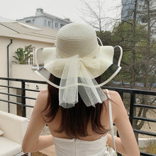 Load image into Gallery viewer, Summer Women Large Bow Straw Hat Portable Foldable Holiday Beach Sun Visors Hand Woven Solid Color Female Sunshade Bonnet Cap