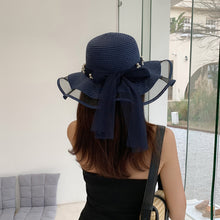 Load image into Gallery viewer, Summer Women Large Bow Straw Hat Portable Foldable Holiday Beach Sun Visors Hand Woven Solid Color Female Sunshade Bonnet Cap