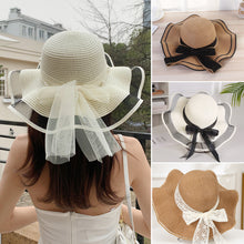 Load image into Gallery viewer, Summer Women Large Bow Straw Hat Portable Foldable Holiday Beach Sun Visors Hand Woven Solid Color Female Sunshade Bonnet Cap