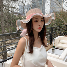 Load image into Gallery viewer, Summer Women Large Bow Straw Hat Portable Foldable Holiday Beach Sun Visors Hand Woven Solid Color Female Sunshade Bonnet Cap