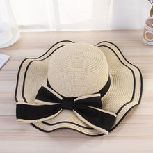 Load image into Gallery viewer, Summer Women Large Bow Straw Hat Portable Foldable Holiday Beach Sun Visors Hand Woven Solid Color Female Sunshade Bonnet Cap