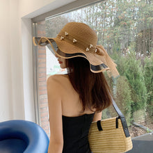 Load image into Gallery viewer, Summer Women Large Bow Straw Hat Portable Foldable Holiday Beach Sun Visors Hand Woven Solid Color Female Sunshade Bonnet Cap