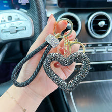 Load image into Gallery viewer, Car Hollow Love Out Ceramic Clay Full Diamond Key Chain Leather Rope Sticking Water Diamond Key Pendant Simple