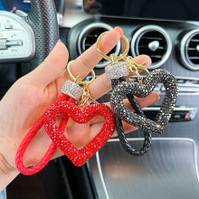 Load image into Gallery viewer, Car Hollow Love Out Ceramic Clay Full Diamond Key Chain Leather Rope Sticking Water Diamond Key Pendant Simple