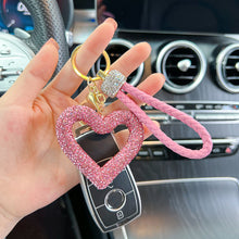 Load image into Gallery viewer, Car Hollow Love Out Ceramic Clay Full Diamond Key Chain Leather Rope Sticking Water Diamond Key Pendant Simple
