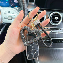 Load image into Gallery viewer, Car Hollow Love Out Ceramic Clay Full Diamond Key Chain Leather Rope Sticking Water Diamond Key Pendant Simple