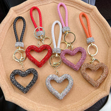Load image into Gallery viewer, Car Hollow Love Out Ceramic Clay Full Diamond Key Chain Leather Rope Sticking Water Diamond Key Pendant Simple
