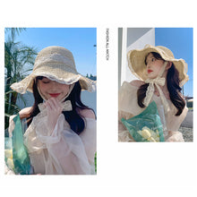 Load image into Gallery viewer, Korean Summer Women Lace Hollow Straw Hat Portable Foldable Holiday Beach Outing Sun-proof Solid Color Female Sunshade Bonnet Cap