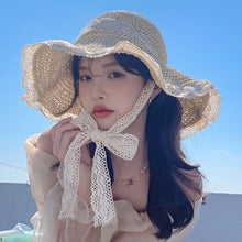 Load image into Gallery viewer, Korean Summer Women Lace Hollow Straw Hat Portable Foldable Holiday Beach Outing Sun-proof Solid Color Female Sunshade Bonnet Cap