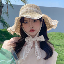 Load image into Gallery viewer, Korean Summer Women Lace Hollow Straw Hat Portable Foldable Holiday Beach Outing Sun-proof Solid Color Female Sunshade Bonnet Cap
