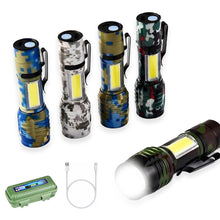 Load image into Gallery viewer, Outdoor Camo XPE Lamp Bead Zoom Long Range Flashlight Side Light COB Aluminum Alloy Flashlight USB Charging