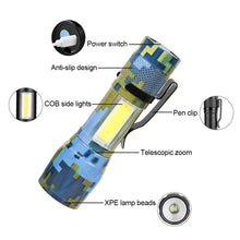 Load image into Gallery viewer, Outdoor Camo XPE Lamp Bead Zoom Long Range Flashlight Side Light COB Aluminum Alloy Flashlight USB Charging