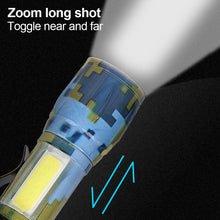 Load image into Gallery viewer, Outdoor Camo XPE Lamp Bead Zoom Long Range Flashlight Side Light COB Aluminum Alloy Flashlight USB Charging