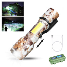 Load image into Gallery viewer, Outdoor Camo XPE Lamp Bead Zoom Long Range Flashlight Side Light COB Aluminum Alloy Flashlight USB Charging