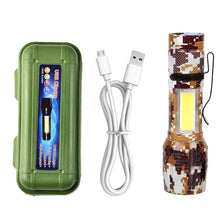 Load image into Gallery viewer, Outdoor Camo XPE Lamp Bead Zoom Long Range Flashlight Side Light COB Aluminum Alloy Flashlight USB Charging