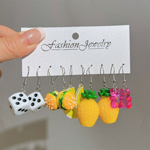 Load image into Gallery viewer, 5 Pairs Cute Cartoon Animal Fruit Earrings Set for Women Girl Simulated Resin Acrylic Food Drink Icecream DIY Dangle Earring New Jewelry