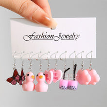 Load image into Gallery viewer, 5 Pairs Cute Cartoon Animal Fruit Earrings Set for Women Girl Simulated Resin Acrylic Food Drink Icecream DIY Dangle Earring New Jewelry