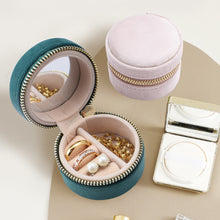 Load image into Gallery viewer, Mini Round Jewelry Box With Mirror Velvet Surface Ring Stud Earring Storage Box Women Trinkets Organizer Delicate Size 2024 Trend Fashion