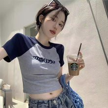 Load image into Gallery viewer, Women Slimming Fit T-shirt Summer Contrasted Color Short Sleeve Shirts American Style Basic Tops Casual Simplicity Shirt