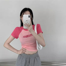 Load image into Gallery viewer, Women Slimming Fit T-shirt Summer Contrasted Color Short Sleeve Shirts American Style Basic Tops Casual Simplicity Shirt