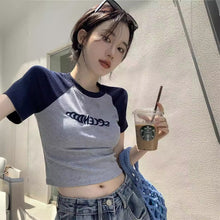 Load image into Gallery viewer, Women Slimming Fit T-shirt Summer Contrasted Color Short Sleeve Shirts American Style Basic Tops Casual Simplicity Shirt
