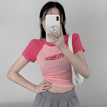 Load image into Gallery viewer, Women Slimming Fit T-shirt Summer Contrasted Color Short Sleeve Shirts American Style Basic Tops Casual Simplicity Shirt
