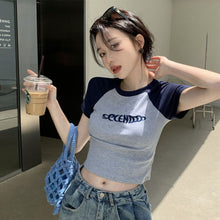 Load image into Gallery viewer, Women Slimming Fit T-shirt Summer Contrasted Color Short Sleeve Shirts American Style Basic Tops Casual Simplicity Shirt