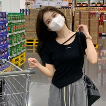 Load image into Gallery viewer, Women Irregular Design T-shirt Casual Short-Sleeved Shirts Summer Slim Fit Short Top Black White Basic Tees