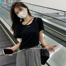 Load image into Gallery viewer, Women Irregular Design T-shirt Casual Short-Sleeved Shirts Summer Slim Fit Short Top Black White Basic Tees