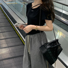 Load image into Gallery viewer, Women Irregular Design T-shirt Casual Short-Sleeved Shirts Summer Slim Fit Short Top Black White Basic Tees