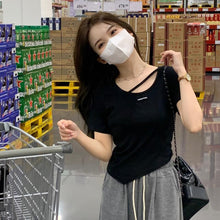 Load image into Gallery viewer, Women Irregular Design T-shirt Casual Short-Sleeved Shirts Summer Slim Fit Short Top Black White Basic Tees
