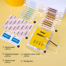 Load image into Gallery viewer, Portable 4-IN-1 Emergency Disinfection Kit Disposable Alcohol Pad Waterproof Sticker Iodophor Cotton Swab Alcohol Swab Outdoor Camping Trip First Aid Supplies