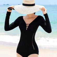 Load image into Gallery viewer, Solid Color Triangle One-Piece Long Sleeve Swimsuit Hollow Mesh Sexy Bikini With Breast Pad