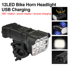 Load image into Gallery viewer, 12 LED Bicycle Horn Headlight With Digital Display USB Charging Outdoor Night Riding Fishing Safety Warning Light