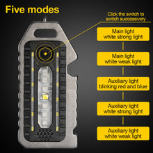 Load image into Gallery viewer, Multifunctional Keychain Light Outdoor Emergency Survival Whistle Bottle Opener Broken Window Hammer Night Riding Red And Blue Warning Light Portable Flashlight