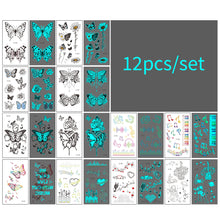 Load image into Gallery viewer, 12pcs/set Blue Glow Tattoo Sticker Waterproof Small Fresh Snake Butterfly Electric Syllable Party Sticker Set Tattoo Patches