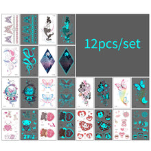 Load image into Gallery viewer, 12pcs/set Blue Glow Tattoo Sticker Waterproof Small Fresh Snake Butterfly Electric Syllable Party Sticker Set Tattoo Patches