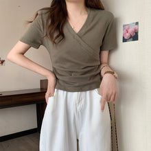 Load image into Gallery viewer, Cross V-neck Short Sleeve T-shirt Women Slim Bottoming Shirts Crop Top Summer New Fashion