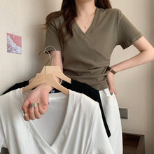 Load image into Gallery viewer, Cross V-neck Short Sleeve T-shirt Women Slim Bottoming Shirts Crop Top Summer New Fashion