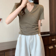 Load image into Gallery viewer, Cross V-neck Short Sleeve T-shirt Women Slim Bottoming Shirts Crop Top Summer New Fashion